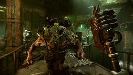 A hulking, gas-masked humanoid rushes at the player in Warhammer 40k: Darktide