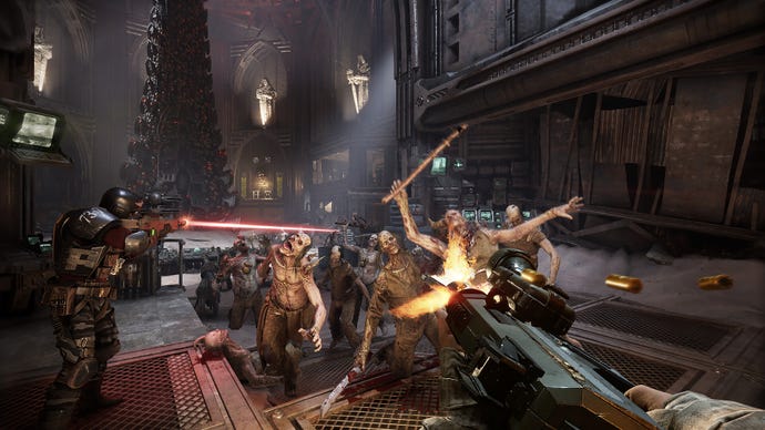 Eine Gruppe Zombies, die in einer gotischen Kathedrale in Warhammer 20k: Darktide pulverisiert werden