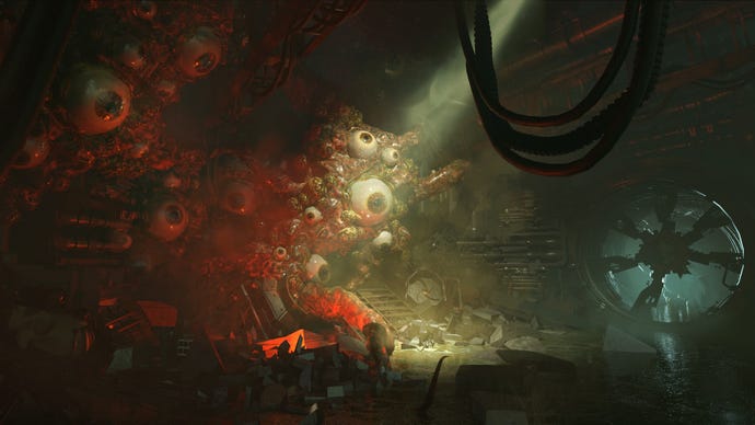 A fleshy wall of eyes peers out of a sewer wall in Warhammer 40k: Darktide