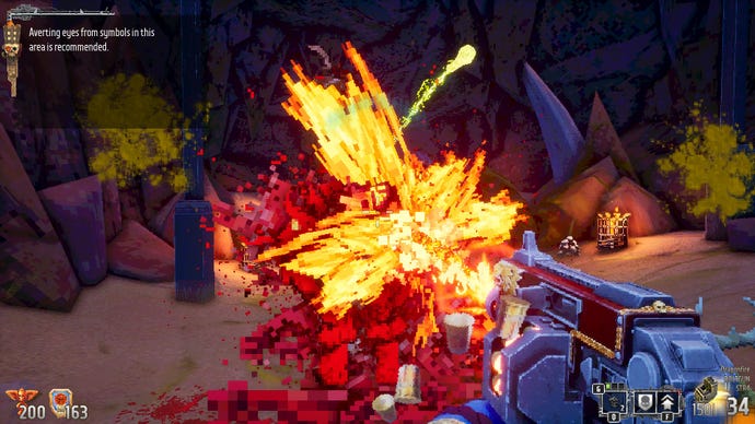 An explosion of red and orange fills the screen as an enemies bursts into a bloody mess in Warhammer 40k Boltgun