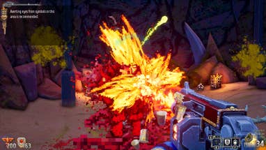 Une explosion de rouge et d'orange remplit l'écran alors qu'un ennemi éclate dans un désordre sanglant dans Warhammer 40k Boltgun
