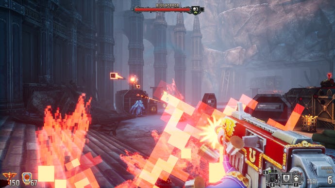 An enemy fires balls of fire towards the player in Warhammer 40k Boltgun