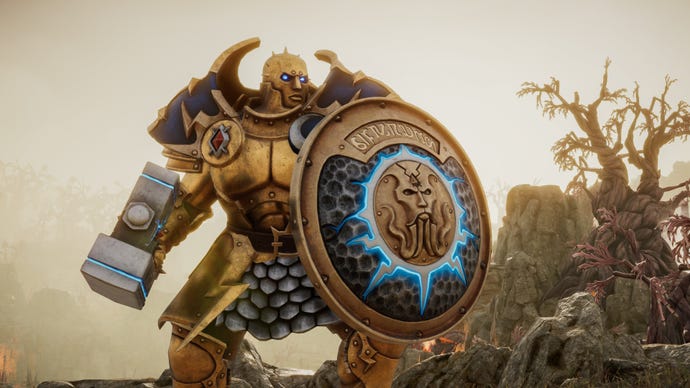Eine Nahaufnahme eines schildtragenden Stormcast Eternals-Kriegers in Warhammer Age Of Sigmar: Realms Of Ruin
