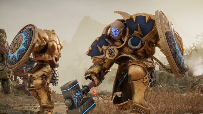 A close up of a hammer-wielding Stormcast Eternals warrior in Warhammer Age Of Sigmar: Realms Of Ruin