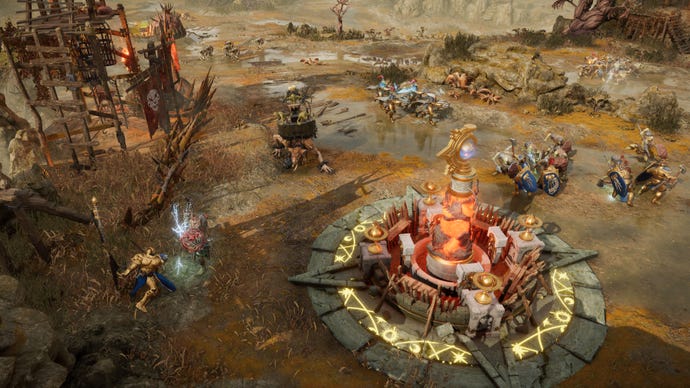 Un Combat Éclate Dans Un Champ De Bataille Marécageux Dans Warhammer Age Of Sigmar: Realms Of Ruin