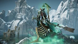 A skeleton paddles a boat in Warhammer Age Of Sigmar: Realms Of Ruin
