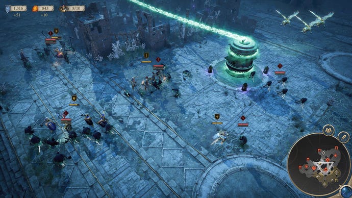 Two armies fight in a dark battlefield next to some very large glowing chains in Warhammer Age Of Sigmar: Realms Of Ruin