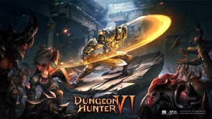 The warrior class from Dungeon Hunter 6 stands in the middle of a throng of enemies, sweeping a massive sword attach up, as a logo for the game sits under him, heroically.