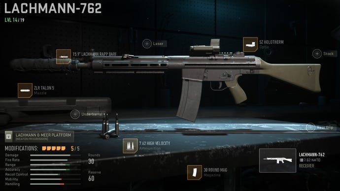 Warzone 2 screenshot showing the Lachmann-762 with the ZLR Talon 5, 15.9" Lachmann Rapp Barrel, 7.62 High Velocity, SZ Holotherm, and 30 Round Mag attached.
