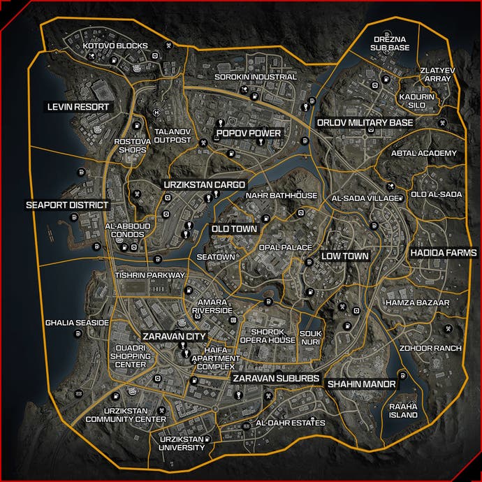 Urzikstan map for Call of Duty Warzone showing all points of interest