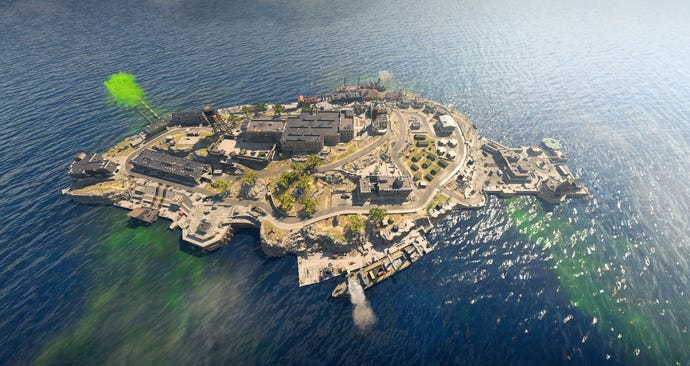 An aerial shot of Rebirth Island in Call of Duty: Warzone.
