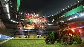 A soldier on a quadbike in a stadium approaches some ramps and fireworks