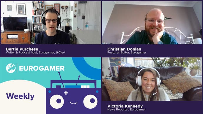 A quartered screen for a podcast video call. Three of the windows have people in: Bertie, Donlan and Victoria Kennedy. They're all beaming - clearly having a tremendous amount of fun.