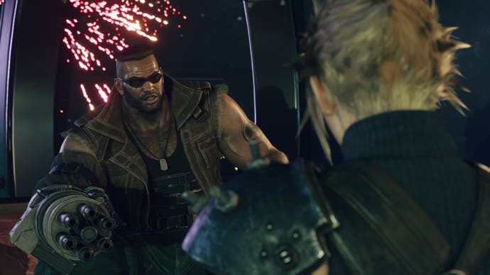 Клауд и Баррет на свидании на колесе обозрения Золотого Блюдца в Final Fantasy 7 Rebirth.