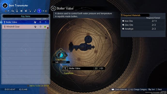 Boiler valve menu and materials to craft it in the Transmuter section of Final Fantasy 7 Rebirth.