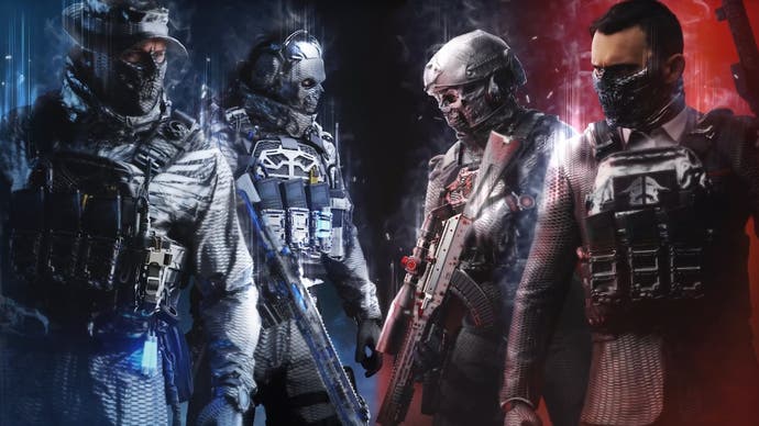 operator skins for price, ghost, warden, and makarov with blue highlights on the left and red highlights on the right