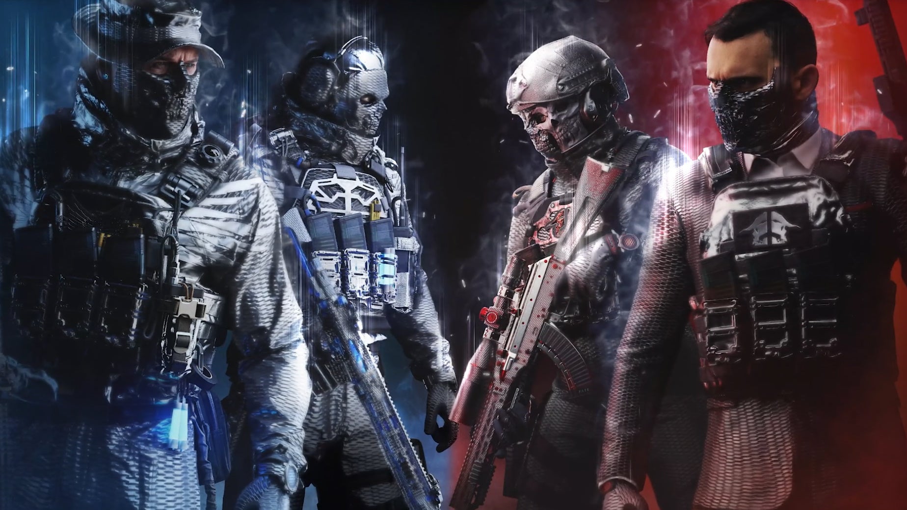 Máscaras de operador para Price, Ghost, Warden y Makarov con reflejos azules a la izquierda y rojos a la derecha.