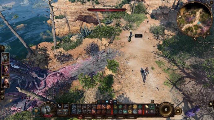 Cursor schwebte über Astarion auf einer sandigen Straße