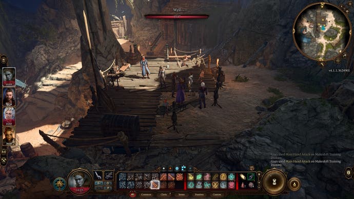 Der Cursor schwebte über Wyll in einem Kampfausbildungsbereich in einer Höhle