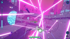 A spaceship flies through pink lasers in a screenshot from Whisker Squadron: Survivor