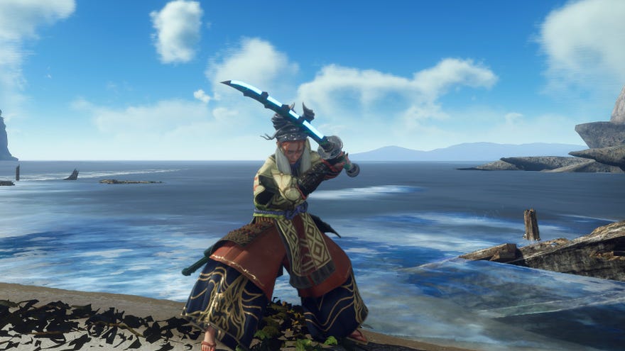 Wild Hearts screenshot showing a character wielding a Katana in front of the ocean.
