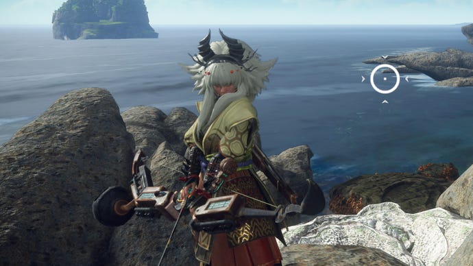 Wild Hearts image showing a player wielding the Bow on some rocks by the ocean.