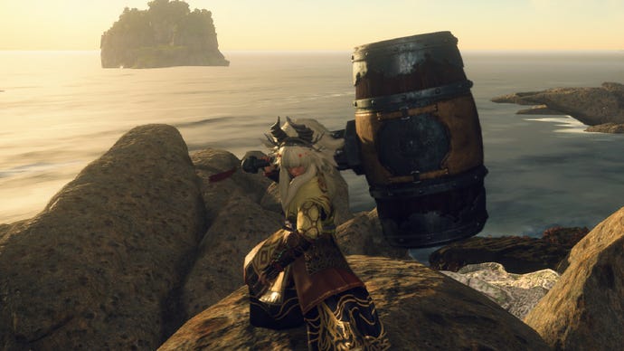 Wild Hearts screenshot showing a player wielding the Maul on some rocks at sunset.