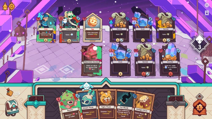 A card battle is taking place in a royal purple hall in Wildfrost