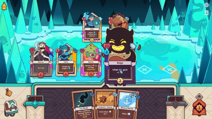 A frosty battlefield in an ice cave is the setting for this card duel in Wildfrost