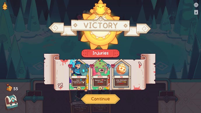 The victory screen with listed card injuries in Wildfrost