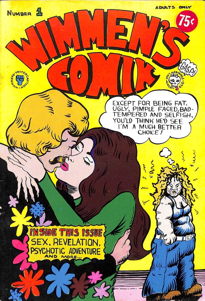 Cover of Wimmen's Comik #1, featuring an embracing couple and a woman off to the side thinking