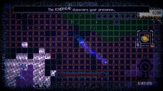 A ball of light flies through a cursed forest in Witch Strandings