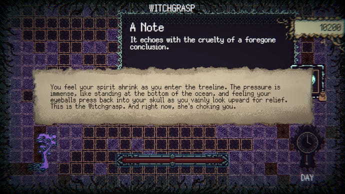A scroll unfurls across a screen of purple tiles in Witch Strandings