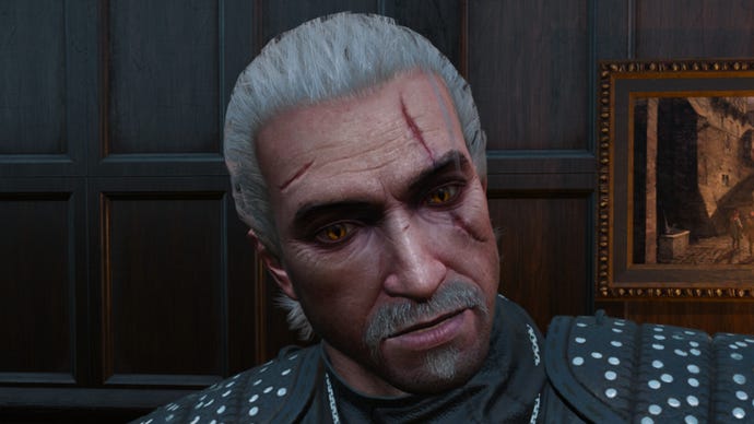 Witcher 3 screenshot showing Geralt's Elven rebel haircut from the front.