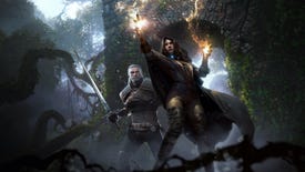 Witcher 3 official art of Jennifer casting a spell while Gerald stands behind her with a sword in hand