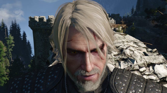 Witcher 3 screenshot showing Geralt's short and loose hairstyle from the front.