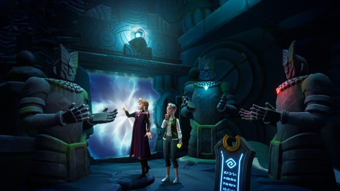 Disney Dreamlight Valley image showing a player with Anna examining a large stone statue in a cave.