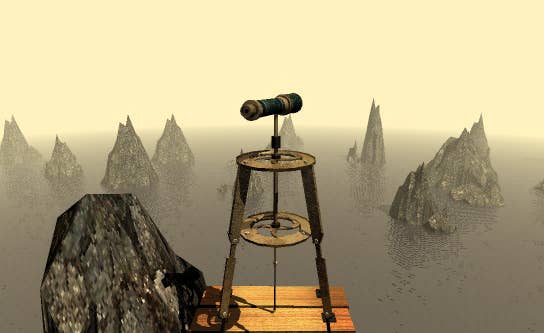 A Myst screen with a telescope looking out over a body of water with a number of jagged rocks breaking the surface of the water in the middle distance