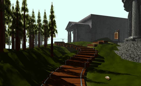 An outdoor scene from Myst with a wooden path leading up a hill to a building