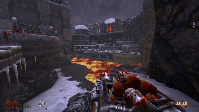 A screenshot from Wrath: Doom Eternal showing players standing on a river of lava with a snowy cemetery in the distance.
