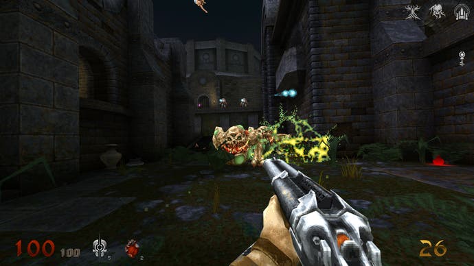 تصویری از بازی Wrath: Aeon of Ruin که بازیکن را در حال مبارزه با هیولاهای غول پیکر وزغ مانند در بیشه باغ احاطه شده توسط دیوارهای سنگی بزرگ به تصویر می کشد.