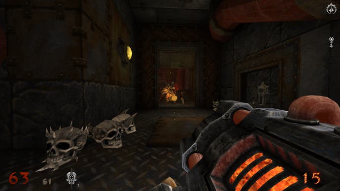  Aeon of Ruin, depicting the player firing glowing orange projectiles at a masked executioner enemy down a gunmetal corridor.