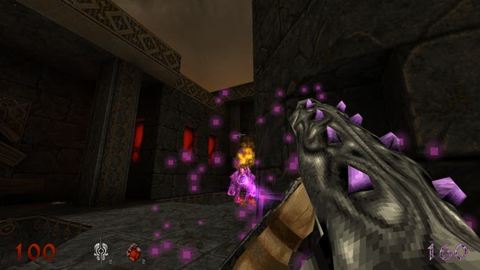 اسکرین شات بازی Wrath: Aeon of Ruin که بازیکن را در حال شلیک به دشمن با سلاح لیزری به تصویر می کشد که قربانیان خود را به کریستال های بنفش تبدیل می کند.