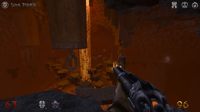 A screenshot from Wrath: Doom Eternal depicts the player looking into a massive basalt cave, with crumbling rock platforms suspended above a massive cauldron of lava.