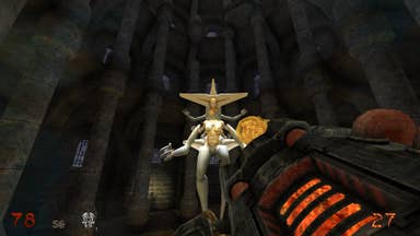A screenshot of Wrath: Aeon of Ruin, depicting the player fighting a giant humanoid boss coloured alabaster and gold.