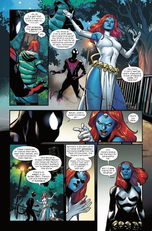 Nightcrawler and Mystique discuss genetics in X-Men Blue: Origins #1.