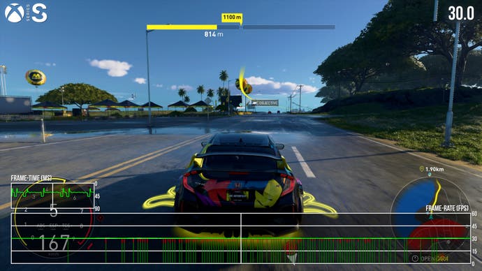 Captura de pantalla del rendimiento de la serie Xbox que muestra caídas y desgarros en The Crew Motorfest
