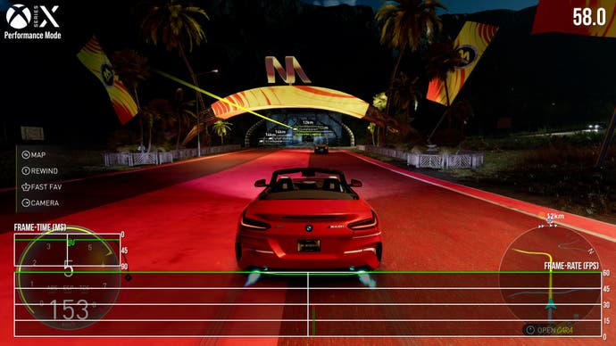 Captura de pantalla de rendimiento de Xbox Series X en Crew Motorfest que muestra una pequeña caída de 60 fps