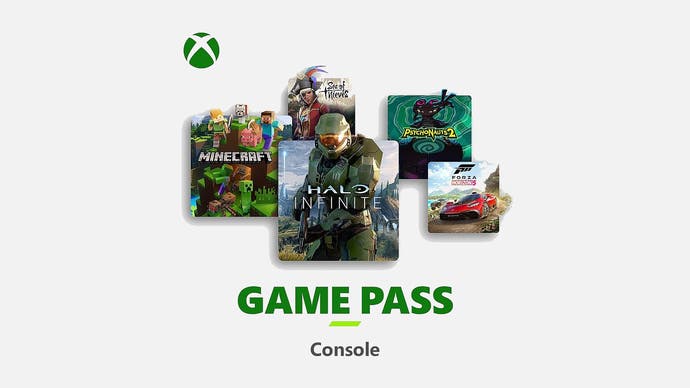 Xbox Game Pass für Konsole -Promo mit Minecraft, Halo Infinite, Forza Horizon 5, Psychonauts und Sea of Thieves Game Art