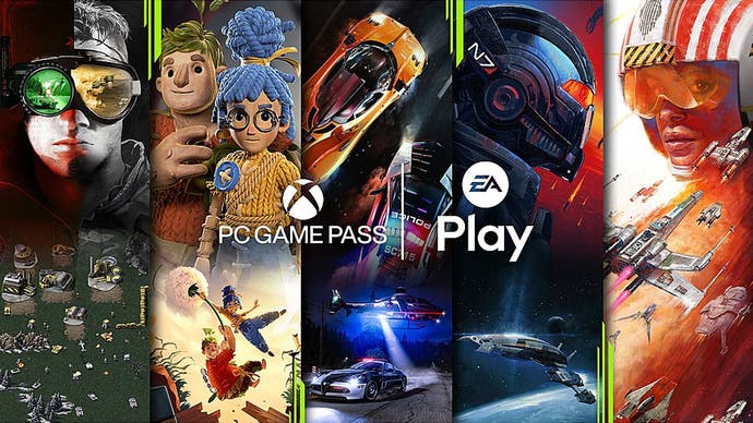 Xbox Game Pass für PC mit einer Collage von PC -Spielpass und EA -Spieltiteln